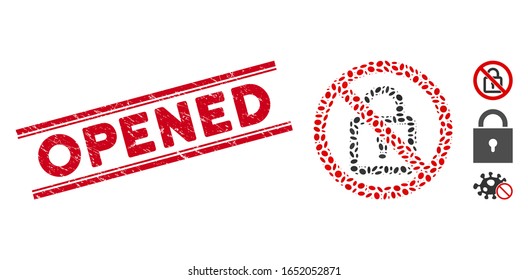 Corroded red stamp seal with Opened caption inside double parallel lines, and mosaic no lock icon. Mosaic vector is formed with no lock icon and with randomized oval spots.