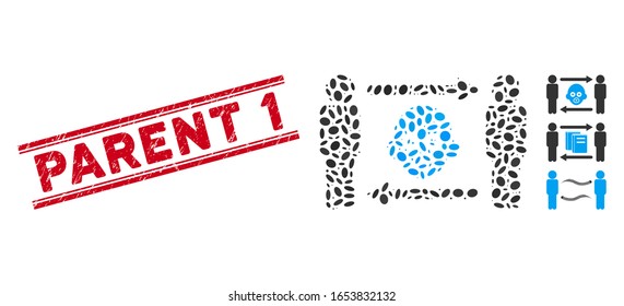 Corroded red stamp seal with Parent 1 text inside double parallel lines, and collage persons baby exchange icon.