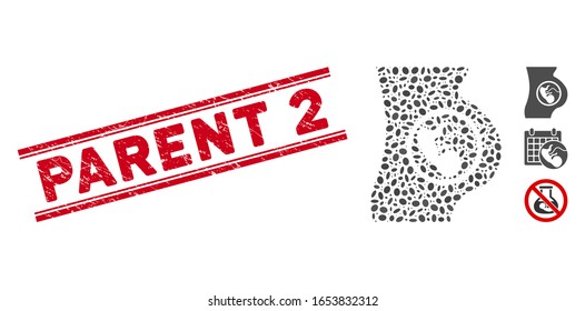 Korrodierte rote Stempeldichtung mit Parent-2-Satz zwischen doppelten parallelen Linien und Mosaik-Schwangerschaft Symbol. Mosaike Vektorillustration wird mit einem Schwangerschaftspiktogramm und randomisierten elliptischen Flecken erzeugt.