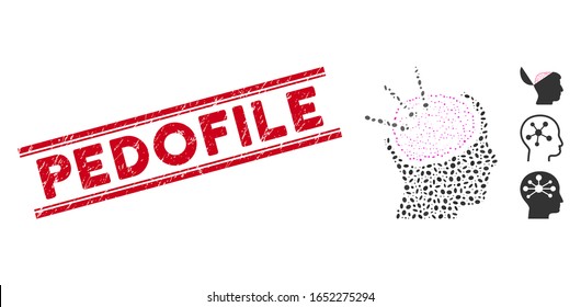 Sello de sello rojo con leyenda Pedofile dentro de líneas paralelas dobles y icono de autopsia cerebral de mosaico. El vector mosaico está compuesto por un icono de autopsia cerebral y con manchas ovales dispersas.