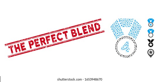Corroded red stamp seal with The Perfect Blend phrase between double parallel lines, and collage 4th place medal icon. Mosaic vector is composed with 4th place medal icon and with random oval spots.