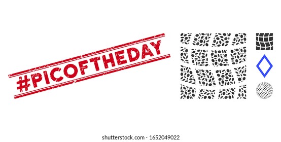 Corroded red stamp seal with #Picoftheday caption inside double parallel lines, and collage mesh square icon. Mosaic vector is composed with mesh square icon and with scattered oval items.