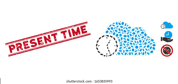 Sello de sello rojo con texto Tiempo actual dentro de líneas paralelas dobles e icono de tiempo de collage. El vector mosaico está diseñado con un icono de tiempo y con elementos de elipse aleatorios.