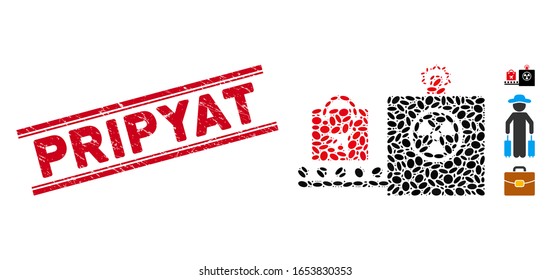 Corroded red stamp seal with Pripyat phrase between double parallel lines, and mosaic baggage screening icon. Mosaic vector is created with baggage screening icon and with scattered oval items.