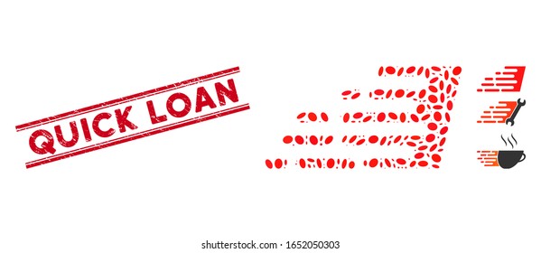 Corroded red stamp seal with Quick Loan phrase inside double parallel lines, and mosaic rush effect icon. Mosaic vector is designed with rush effect pictogram and with scattered elliptic elements.