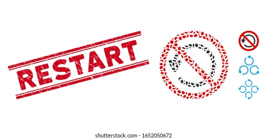 Corroded red stamp seal with Restart phrase inside double parallel lines, and mosaic not rotate icon. Mosaic vector is composed with not rotate icon and with random elliptic spots.