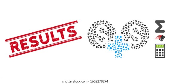 Sello de sello rojo con la frase Resultados dentro de líneas paralelas dobles e icono de suma financiera de mosaico. El vector mosaico está diseñado con pictograma de suma financiera y con elementos ovales aleatorios.