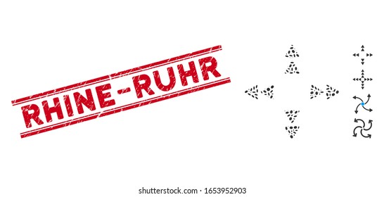 Corroded red stamp seal with Rhine-Ruhr phrase inside double parallel lines, and mosaic move out triangles icon. Mosaic vector is formed from move out triangles icon and with randomized oval items.