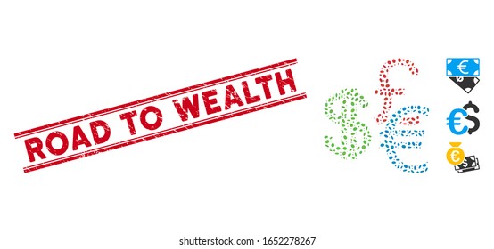 Sello de sello rojo con texto Camino a la Riqueza dentro de líneas paralelas dobles, e icono de las monedas de mosaico. El vector mosaico se crea a partir del icono de monedas y con elementos de elipse dispersos.