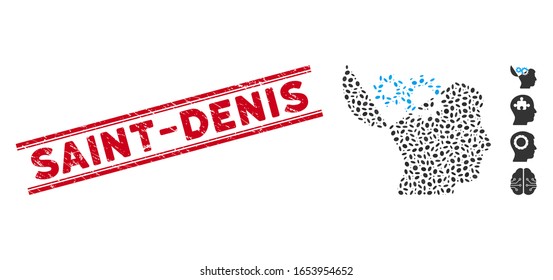 Korrodierte rote Stempelrobbe mit Saint-Denis-Satz zwischen doppelten parallelen Linien und Mosaik-Open-Mind-Zahnräder Symbol. Mosaike Vektorillustration ist mit dem Symbol für offene Geister und mit randomisierten Ellipsobjekten zusammengesetzt.