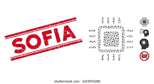 Korrodierte rote Stempeldichtung mit Sofia-Satz zwischen doppelten parallelen Linien und Mosaik-Prozessor-Symbol. Mosaike Vektorillustration ist mit einem Prozessorpiktogramm und mit randomisierten Ellipsenflecken konzipiert.