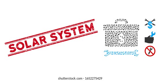 Corroded red stamp seal with Solar System phrase between double parallel lines, and mosaic dollar toolbox icon. Mosaic vector is designed with dollar toolbox icon and with scattered ellipse elements.