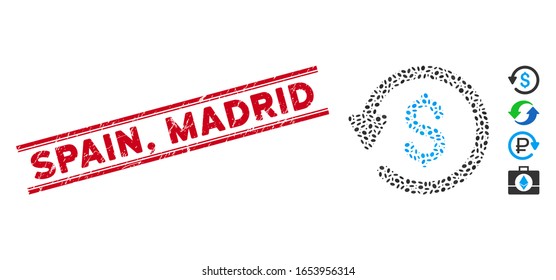 Sello de sello rojo con España, frase madrileña dentro de líneas paralelas dobles e icono de rebote de mosaico. El vector mosaico está diseñado con icono de devolución y con elementos de elipse aleatorios. España,