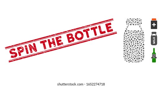 Corroded red stamp seal with Spin the Bottle caption between double parallel lines, and mosaic bottle icon. Mosaic vector is created with bottle pictogram and with random ellipse elements.