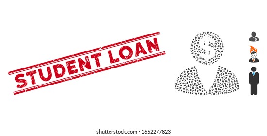 Corroded red stamp seal with Student Loan phrase inside double parallel lines, and mosaic financier icon. Mosaic vector is designed from financier icon and with randomized oval items.