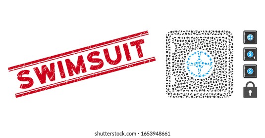 Corroded red stamp seal with Swimsuit text inside double parallel lines, and mosaic safe icon. Mosaic vector is created with safe icon and with randomized ellipse items. Swimsuit stamp uses red color,