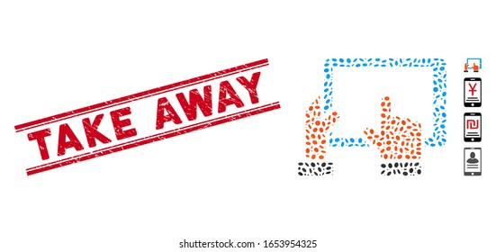 Corroded red stamp seal with Take Away text inside double parallel lines, and mosaic hold smart pad icon. Mosaic vector is created with hold smart pad icon and with random oval items.