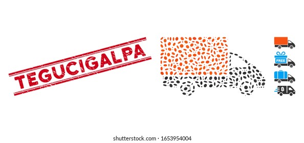 Corroded red stamp seal with Tegucigalpa phrase inside double parallel lines, and mosaic shipment car icon. Mosaic vector is designed with shipment car icon and with randomized oval spots.