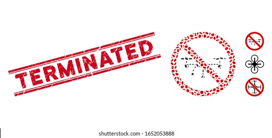 Corroded red stamp seal with Terminated text between double parallel lines, and collage no airdrone icon. Mosaic vector is composed with no airdrone icon and with scattered ellipse items.