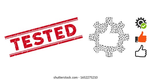 Corroded red stamp seal with Tested phrase between double parallel lines, and mosaic gear thumb up icon. Mosaic vector is composed with gear thumb up icon and with scattered ellipse items.