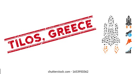 Corroded red stamp seal with Tilos, Greece phrase inside double parallel lines, and mosaic space shuttle launch icon.