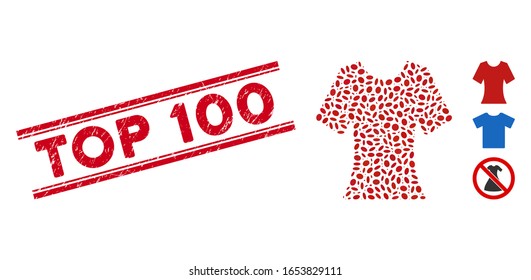 Corroded red stamp seal with Top 100 text between double parallel lines, and mosaic lady T-shirt icon. Mosaic vector is created with lady T-shirt icon and with randomized ellipse spots.