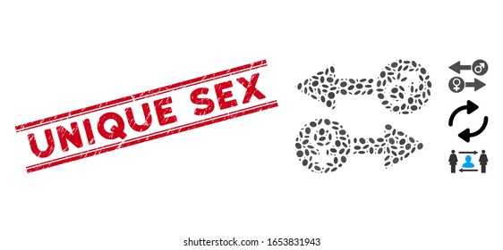 Corroded red stamp seal with Unique Sex text inside double parallel lines, and mosaic gender exchange icon. Mosaic vector is composed with gender exchange pictogram and with scattered ellipse items.