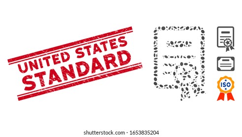 Corroded red stamp seal with United States Standard caption inside double parallel lines, and mosaic certificate icon.