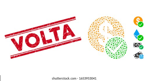 Corroded red stamp seal with Volta caption inside double parallel lines, and mosaic valid dollar coin icon. Mosaic vector is designed with valid dollar coin icon and with scattered elliptic spots.