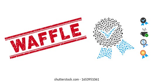 Corroded red stamp seal with Waffle caption between double parallel lines, and mosaic validation seal icon. Mosaic vector is created with validation seal pictogram and with random oval elements.