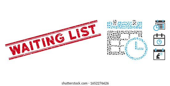 Corroded red stamp seal with Waiting List text inside double parallel lines, and mosaic date and time icon. Mosaic vector is composed with date and time icon and with randomized ellipse items.