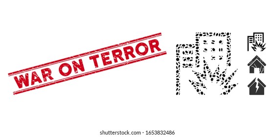 Corroded red stamp seal with War on Terror caption between double parallel lines, and mosaic house terror icon. Mosaic vector is formed with house terror icon and with random oval items.