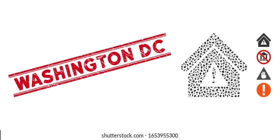 Corroded red stamp seal with Washington DC phrase between double parallel lines, and mosaic warning building icon.