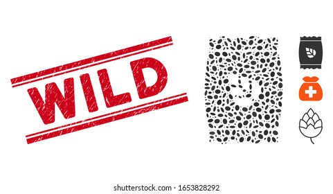 Corroded red stamp seal with Wild caption inside double parallel lines, and mosaic seed pack icon. Mosaic vector is formed with seed pack icon and with randomized oval items. Wild seal uses red color,