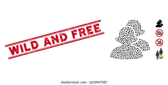Corroded red stamp seal with Wild and Free caption between double parallel lines, and mosaic women icon. Mosaic vector is created with women icon and with random elliptic elements.