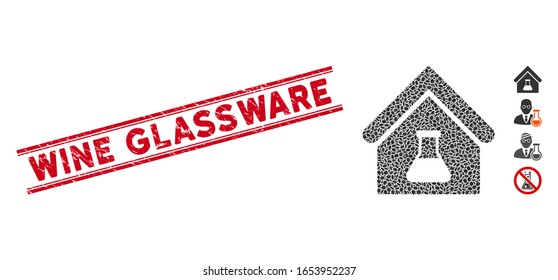 Corroded red stamp seal with Wine Glassware phrase inside double parallel lines, and mosaic chemical labs building icon.
