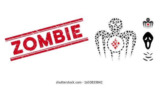 Corroded red stamp seal with Zombie caption inside double parallel lines, and mosaic gambling spectre monster icon.