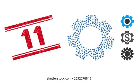 Corroded red stamp watermark with 11 text inside double parallel lines, and mosaic gear icon. Mosaic vector is composed with gear icon and with scattered oval elements. 11 seal uses red color,