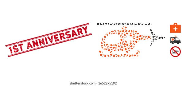 Corroded red stamp watermark with 1St Anniversary caption inside double parallel lines, and mosaic emergency helicopter icon.