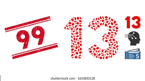 Marca de agua roja con 99 subtítulos entre líneas paralelas dobles y un icono de texto de 13 números de mosaico. El vector mosaico está diseñado con un icono de texto de 13 números y con elementos ovales dispersos.