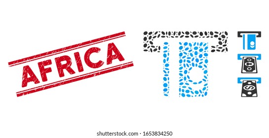 Corroded red stamp watermark with Africa caption between double parallel lines, and collage automated banking service icon.