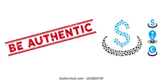 Marca de agua con sello rojo corrodado con la frase "Sé auténtico" dentro de líneas paralelas dobles, e icono de colocación de depósitos de mosaicos.