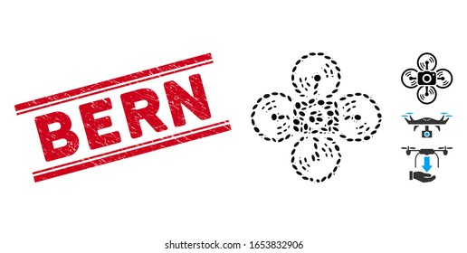 Corroded red stamp watermark with Bern caption inside double parallel lines, and mosaic drone camera icon. Mosaic vector is formed with drone camera icon and with randomized ellipse items.