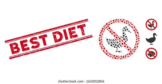 Corroded red stamp watermark with Best Diet caption between double parallel lines, and mosaic no duck icon. Mosaic vector is designed with no duck pictogram and with random ellipse elements.