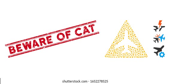 Korrodiertes rotes Stempelzeichen mit Vorsicht vor Katzen-Text zwischen doppelten parallelen Linien und Mosaik-Flugzeug-Problem Symbol.