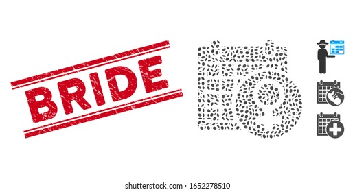Corroded red stamp watermark with Bride phrase between double parallel lines, and mosaic female calendar icon. Mosaic vector is composed with female calendar icon and with random elliptic elements.