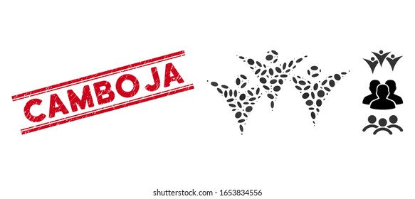 Corroded red stamp watermark with Camboja caption inside double parallel lines, and mosaic future people group icon.