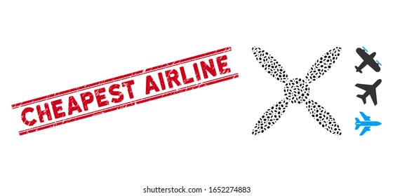 Marca de agua con sello rojo y leyenda de la aerolínea más barata entre líneas paralelas dobles y icono de hélice de avión de mosaico.