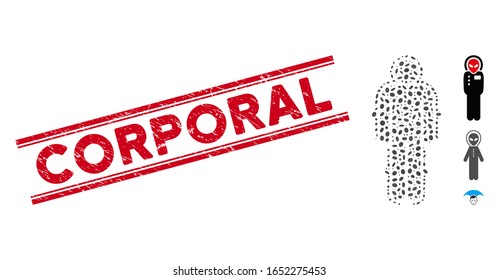 Corroded red stamp watermark with Corporal caption inside double parallel lines, and mosaic exoskeleton skafandr icon.