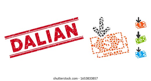 Marca de agua roja con texto de Dalian dentro de líneas paralelas dobles, e icono del ingreso de dinero en mosaico. El vector mosaico está diseñado con un icono de ingreso de dinero y con elementos de elipse dispersos.